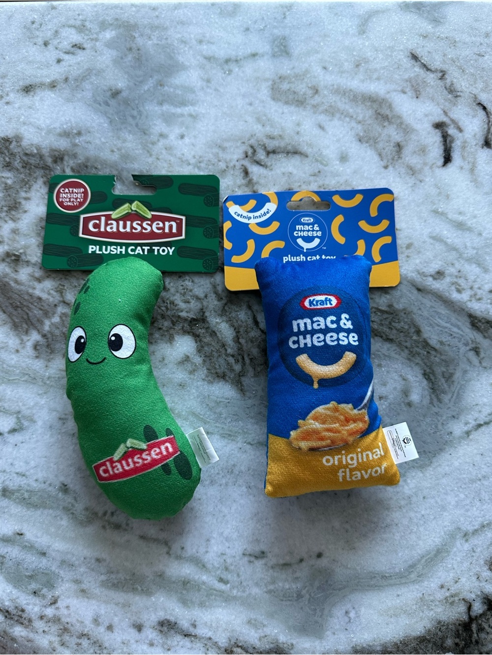 Plush Pickle and mac & cheese, cat toy